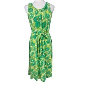 Lands' End Womens M 10-12 Green Citrus Print Sleeveless Midi Dress Belted Resort